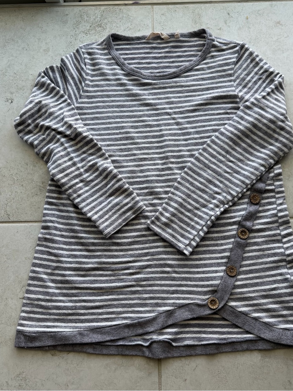 Soft Surroundings Gray & White Striped Long Sleeve Tee with Side Buttons